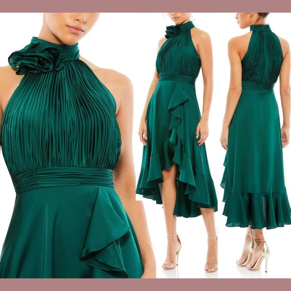 NWT $398 Mac Duggal‎ [ 16 ] Halter Neck Floral Detail Ruffled Midi Dress G1695 - Picture 1 of 13